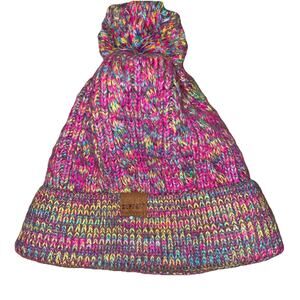 Zuppad Beanie Toque Adult Small Pink Blue Yellow Knit Acrylic Poly Lined Pom